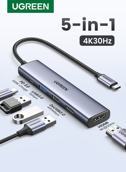 Ugreen USB C Hub With 100W PD Charging Type C to HDMI 4K At 30Hz Adapter USB Hub 30 5Gbps Data Transfer Ports Compatible For MacBook Pro Air M3 M2 M1 iPad Pro M4 iPhone 16 15 Pro Pro Max Lenovo Dell HP Silver